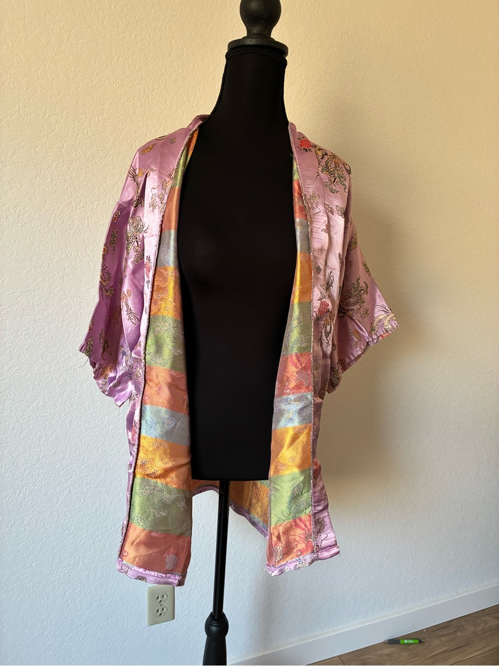 Lavender Floral Satin Kimono Dragon Bird Print Robe Cover